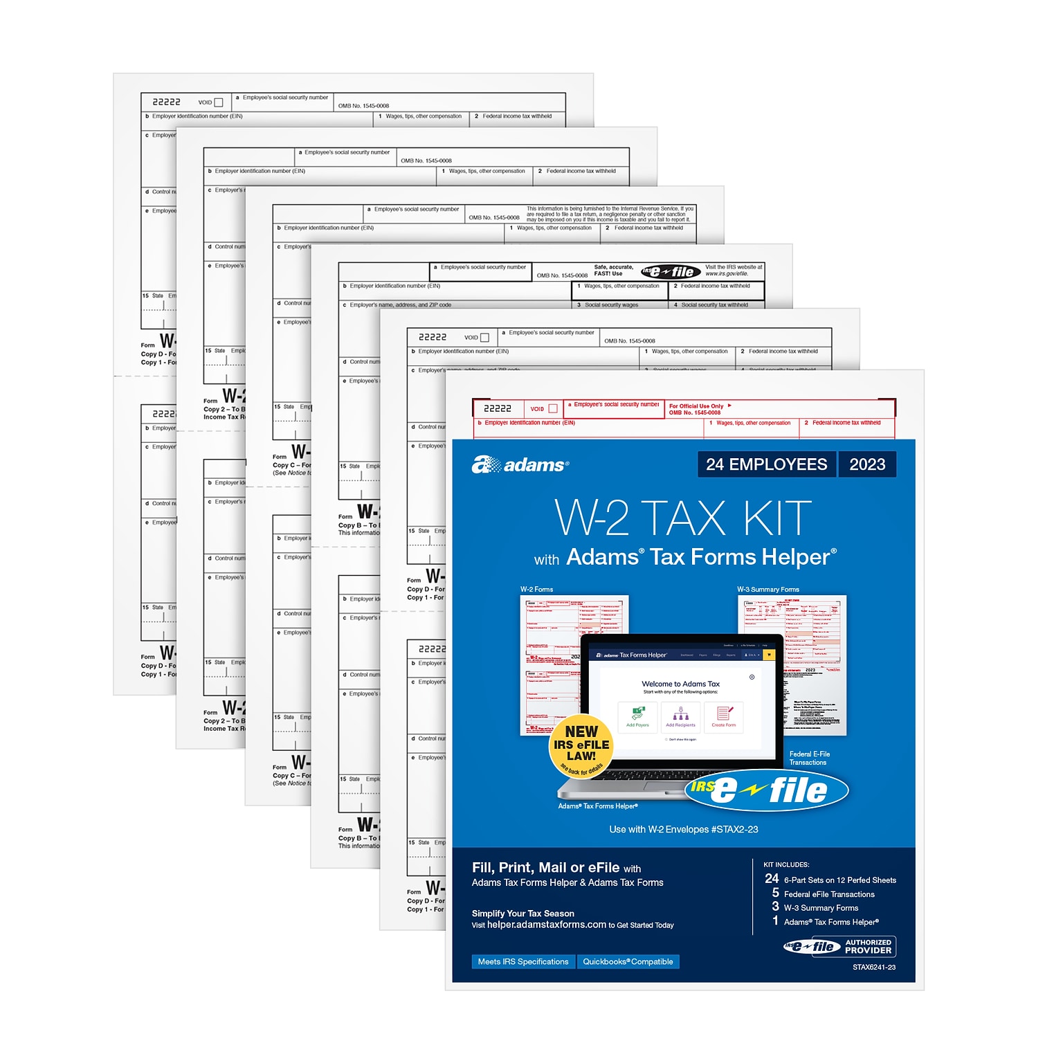 Adams 2023 W2 2 Tax Forms Kit with Adams Tax Forms Helper and 5 Free eFiles, 24/Pack (STAX6241-23)