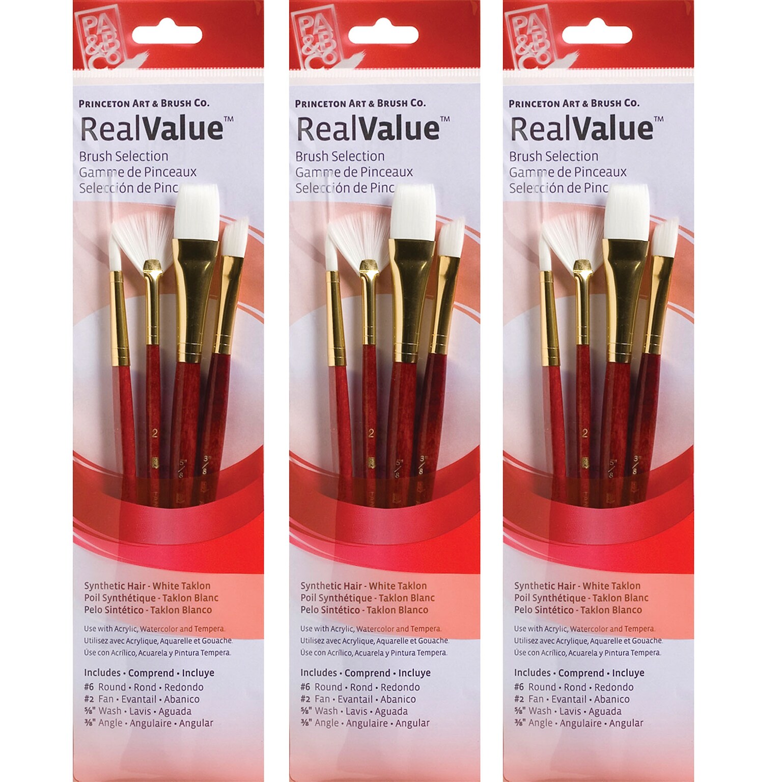Princeton RealValue Mixed Media Synthetic Taklon Variety Brush Set, Red, 4/Set, 3 Sets/Bundle (PBXPR9120-3)