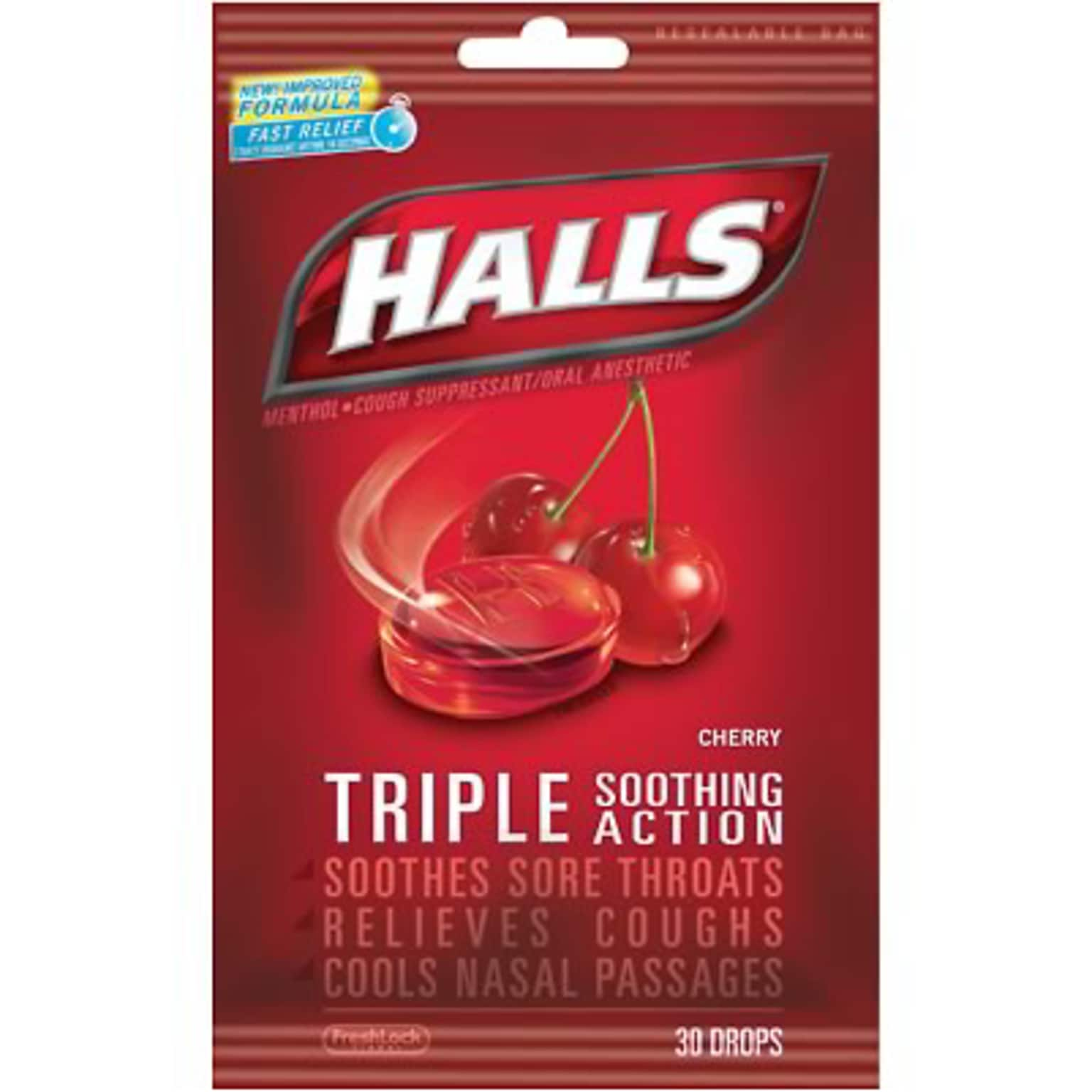 Halls® Cough Drops; Cherry, 30 Count, 12 Bags/Box (AMC62182)