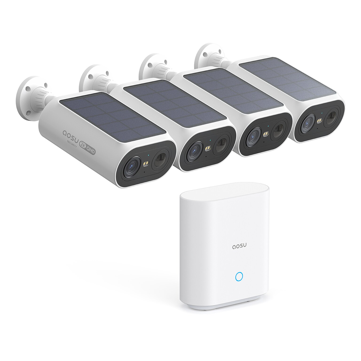 aosu 2K QHD 3.0-MP Outdoor Dual-Band Wireless AI-Smart Solar 4-Camera Pro System with HomeBase, White (C8E-4H)