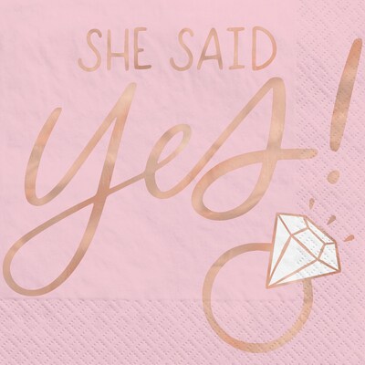 Party City She Said Yes Beverage Napkin, 2-Ply, Pink & Rose Gold, 16 Napkins/Pack (AM5070000)