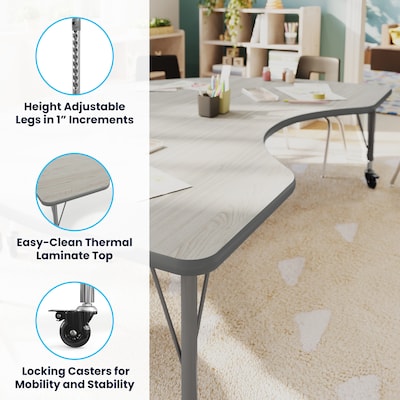 Flash Furniture Wren Kidney Activity Table, 72" x 48", Height Adjustable, Light Gray Top/Silver Frame (XUA4872KDLGTPC)