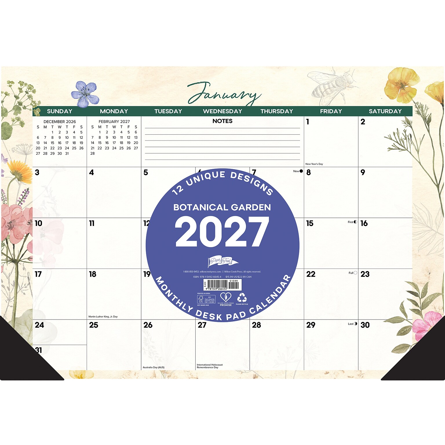 2027 Willow Creek Botanical Garden 17 x 12 Monthly Desk Pad Calendar, Assorted Colors (66454)