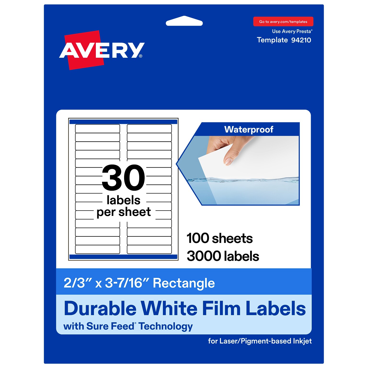 Avery Laser/Inkjet Rectangle Waterproof Multipurpose Labels, 3.4375 x 0.6667, White, 3000/Box (94210)