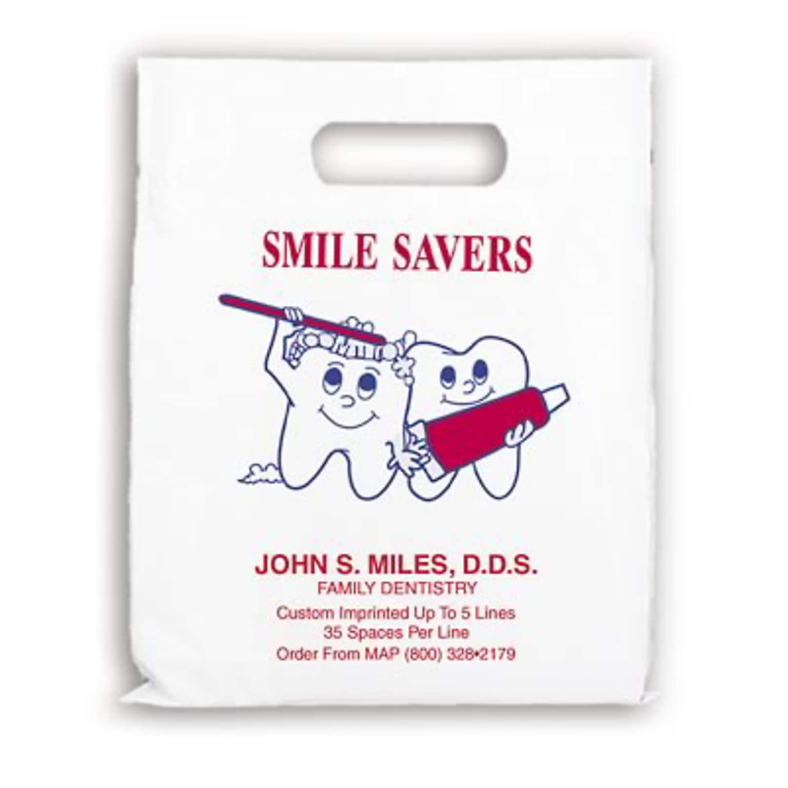 Medical Arts Press® Dental Personalized Small 2-Color Supply Bags; 7-1/2x9, Smile Savers/Tooth Guy, 100 Bags, (60669)