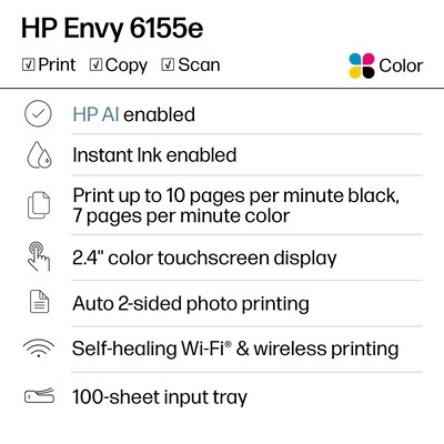 HP Envy 6155e Wireless All-in-One Color Inkjet Printer, Scanner, Copier, Best for Home, 3 months FREE ink with HP+ (714L5A)