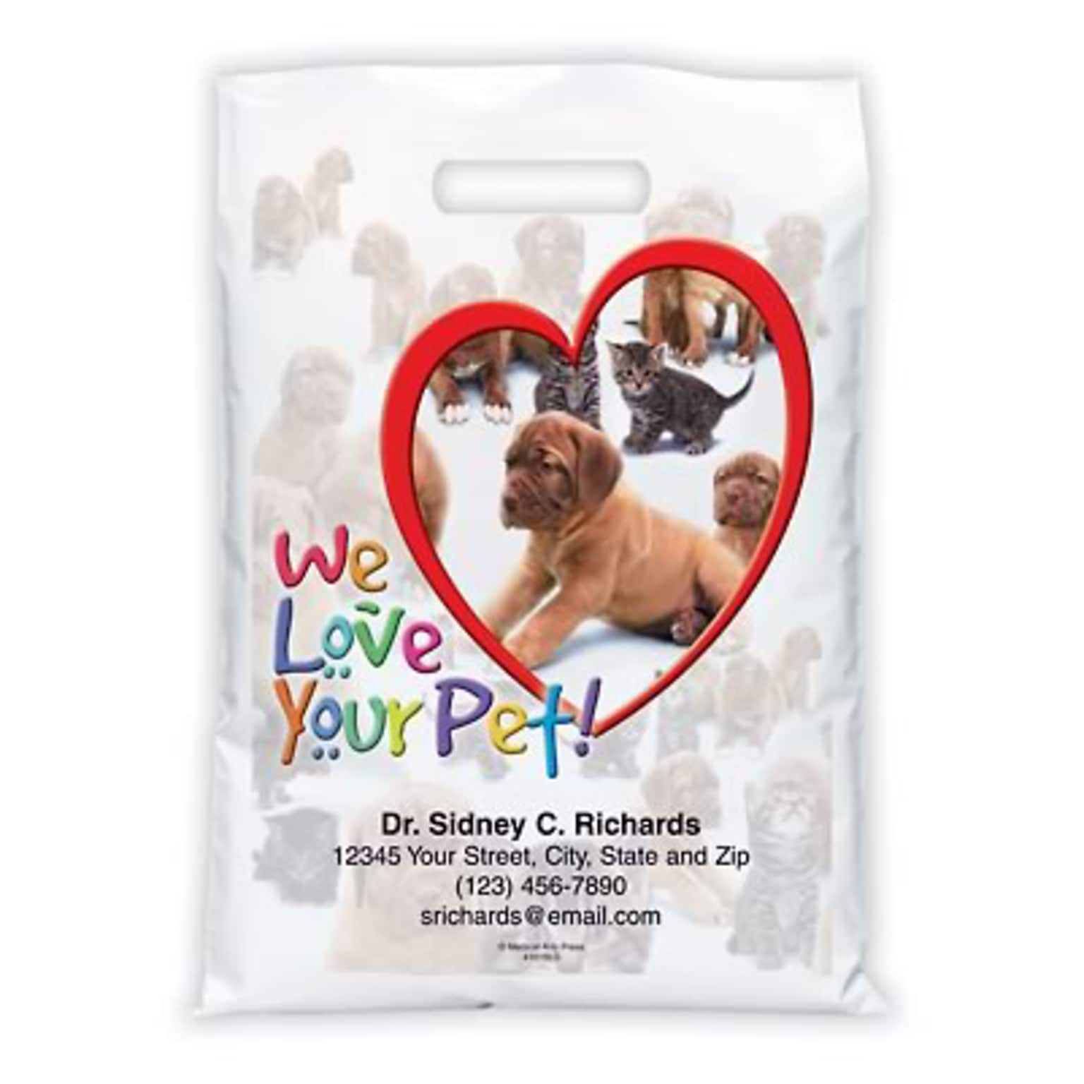 Medical Arts Press® Veterinary Personalized Full-Color Bags; 12X16, Heart/Dogs/Cats, 100 Bags, (41618)