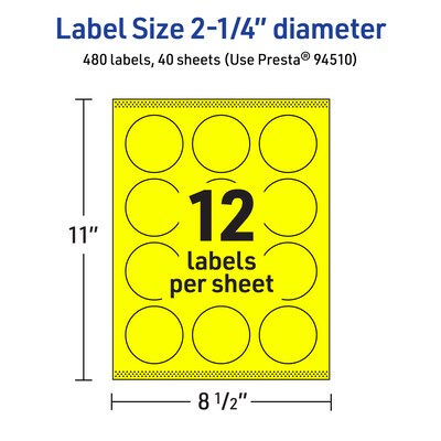 Avery Laser/Inkjet Multipurpose Circle Labels, 2.25" Dia., Neon Yellow, 480/Pack (94510)