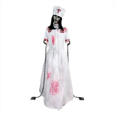 Haunted Hill Farm 5.2 ft. Convulsing Nurse Halloween Animatronic by Tekky with Motion-Activated Soun