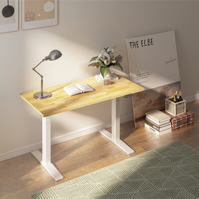 FlexiSpot E7 Commercial 55''W Electric Rectangular Adjustable Standing Desk, Rubber Wood/White (E7WCOM5528-RW)