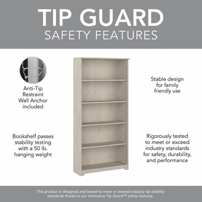 Bush Furniture Cabot 66"H 5-Shelf Bookcase with Adjustable Shelves, Linen White Oak (WC31166)