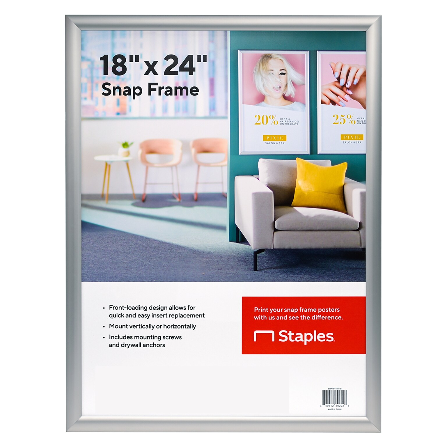 Staples Snap Frame Poster Holder, 24 x 18, Wall Mounted, Silver Aluminum (EGP-SF-1824-S)