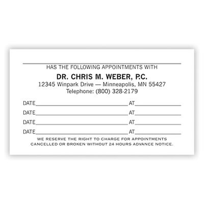 Custom Full Color Appointment Cards, 12 pt. Coated Stock, Flat Print, 2-Sided, 250/Pk