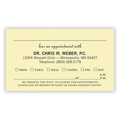 Custom 1-2 Color Appointment Cards, Ivory Index 110# Cover Stock, Raised Print, 1 Custom Ink, 2-Sided, 250/Pk
