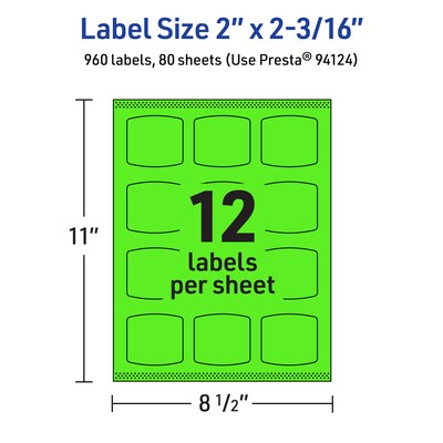 Avery Laser/Inkjet Multipurpose Square Labels, 2" x 2-3/16", Neon Green, 960/Box (94124)