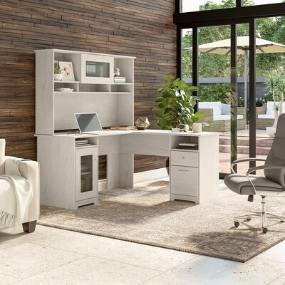 Bush Furniture Cabot 60"W L Shaped Computer Desk with Hutch and Storage, Linen White Oak (CAB001LW)