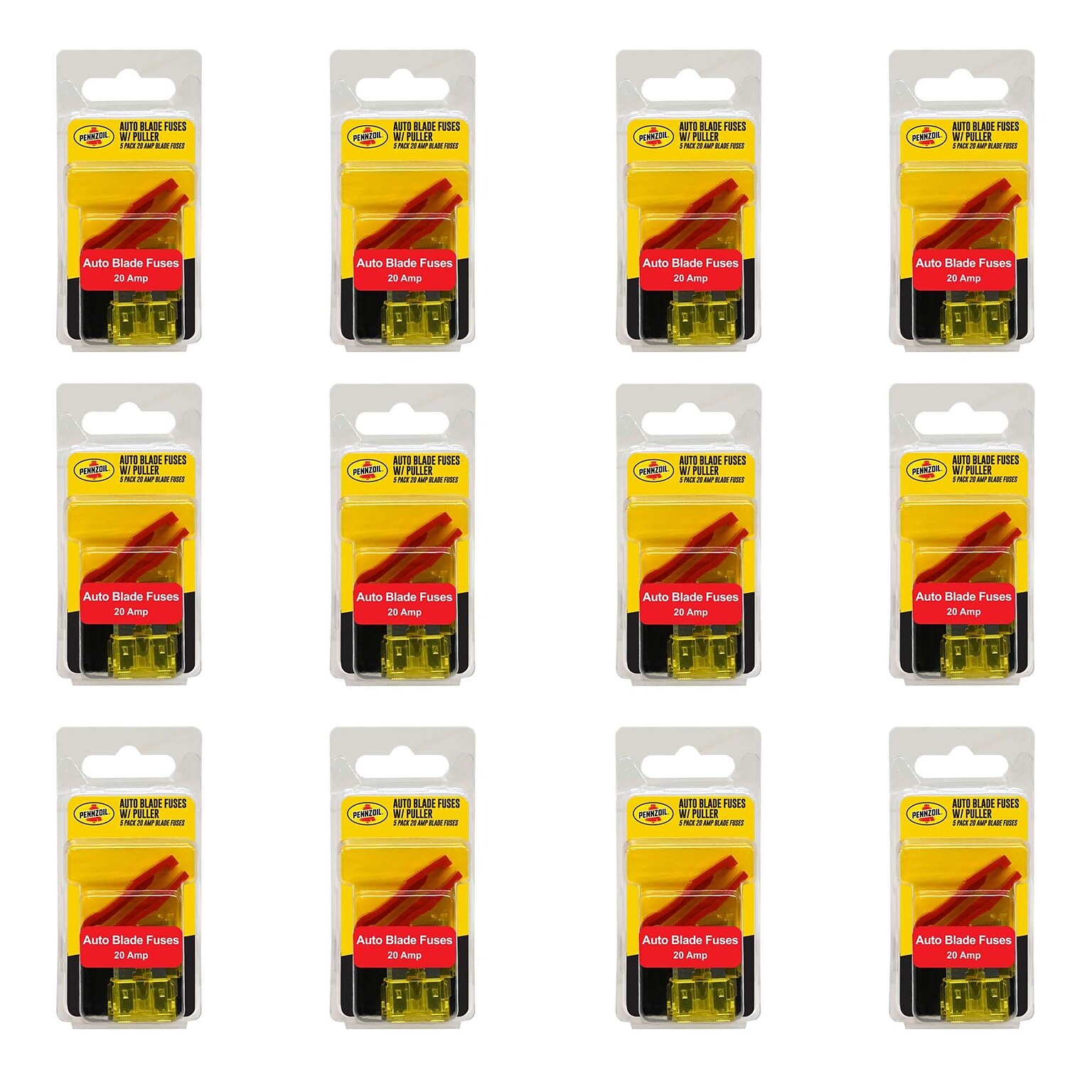 Pennzoil 20 Amp Mini Blade Fuses with Puller, 5 Pieces, Multicolor, 12/Pack, 6 Packs/Carton (14752)