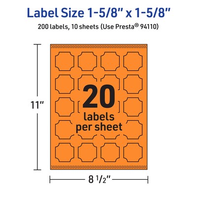 Avery Decorative Edge Multipurpose Labels, 1-5/8" x 1-5/8", Bright Orange, 200/Pack (94110)