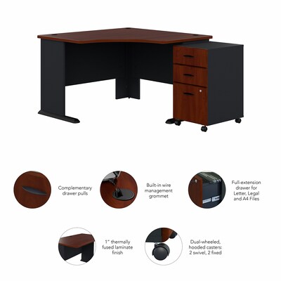 Bush Business Furniture Cubix 48"W Corner Desk with Mobile File Cabinet, Hansen Cherry/Galaxy (SRA035HCSU)