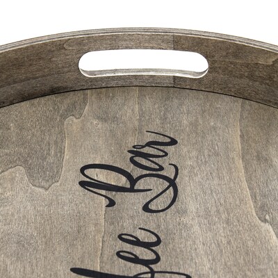Elegant Designs "Coffee Bar" Decorative 13.75" Round Wood Serving Tray w/ Handles, Rustic Gray Wash (HG2013-RGC)