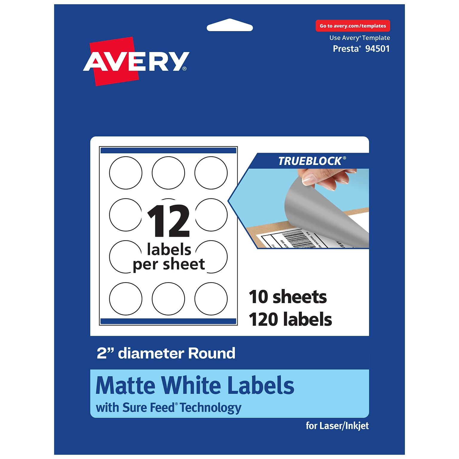 Avery TrueBlock Laser/Inkjet Round Multipurpose Labels, 2 Dia., White, 120 Labels/Pack (94501)