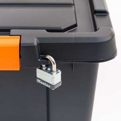 Iris Heavy Duty 78 Qt. Stackable Storage Bin with Latching Lid, Plastic, Black/Orange, 4/Pack (500154)
