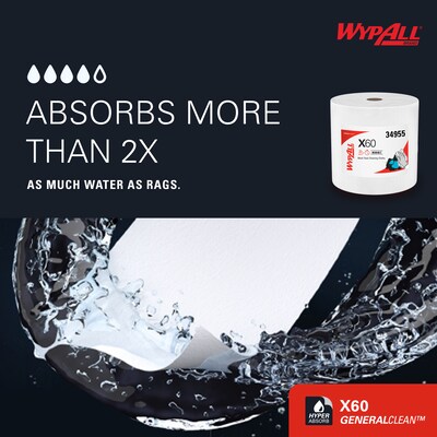 WypAll GeneralClean X60 Nylon Cleaning Wipers, 13.4" x 12.5", White, 1100 Sheets/Roll, 1100 Wipers/Box (34955)