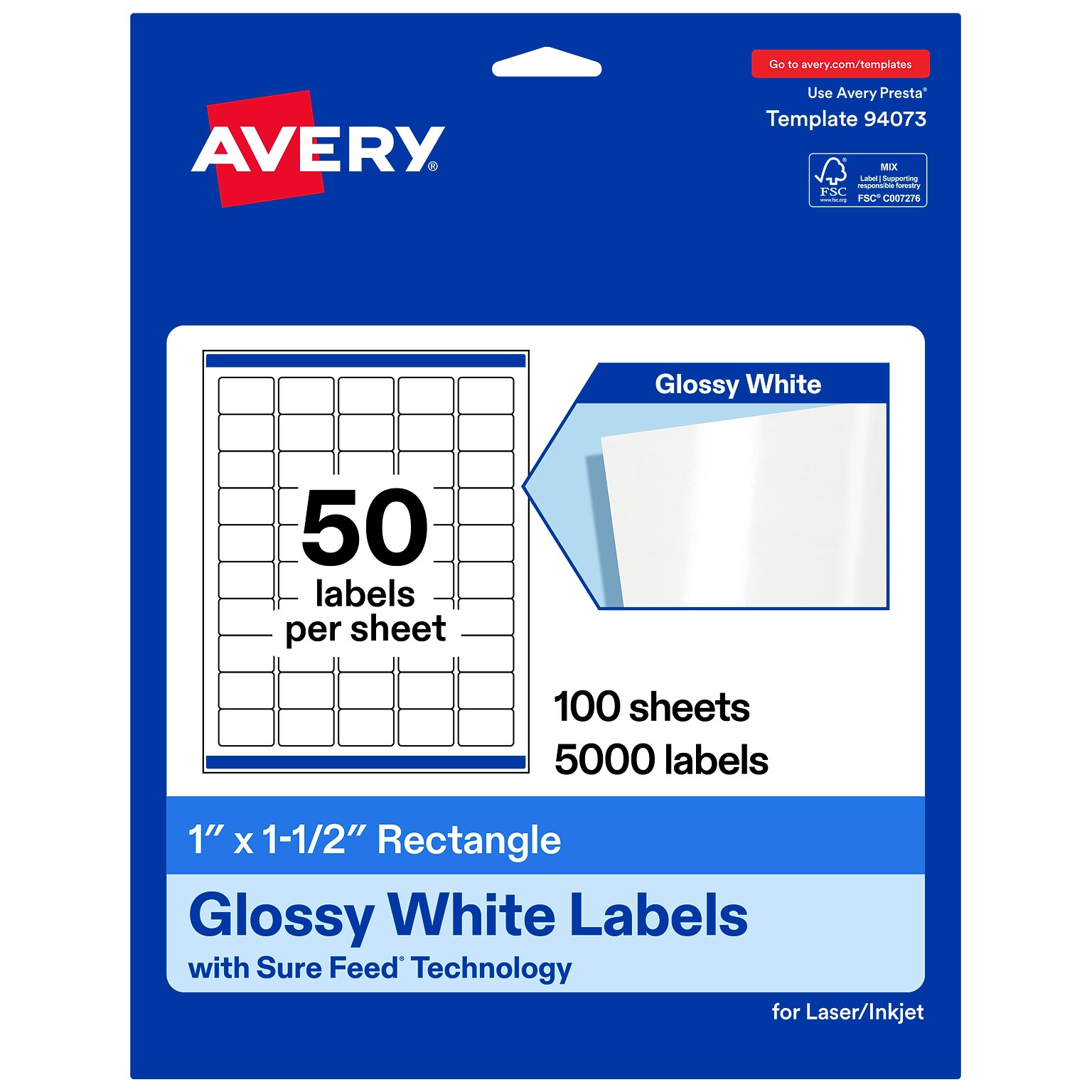 Avery Rectangle Laser/Inkjet Multipurpose Labels, White, 50 Labels/Sheet, 100 Sheets/Pack (19479311218)