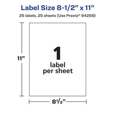 Avery Laser/Inkjet Waterproof Multipurpose Rectangle Labels, 8.5" x 11", White, 25 Labels/Pack (94269)