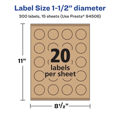 Avery Laser/Inkjet Round Multipurpose Labels, 1.5" Dia., Kraft Brown, 300 Labels/Pack (94506)