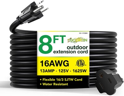 GoGreen Power 8 Indoor/Outdoor Extension Cord, 16 AWG, Black (GG-13708BK)