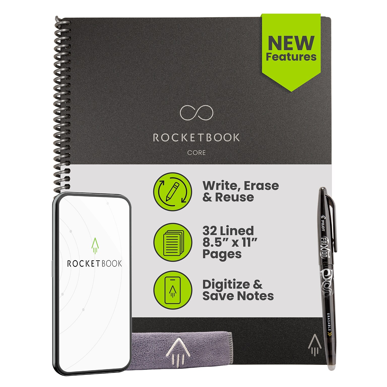 Rocketbook Core Reusable Smart Notebook, 8.5 x 11, Lined Ruled, 32 Sheets, Black (EVR2-L-RC-A)