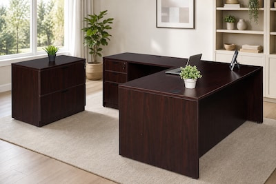 Boss Office Products 66" L-Shaped Desk with File Pedestal and Lateral File, Mahogany (GROUPA19-M)