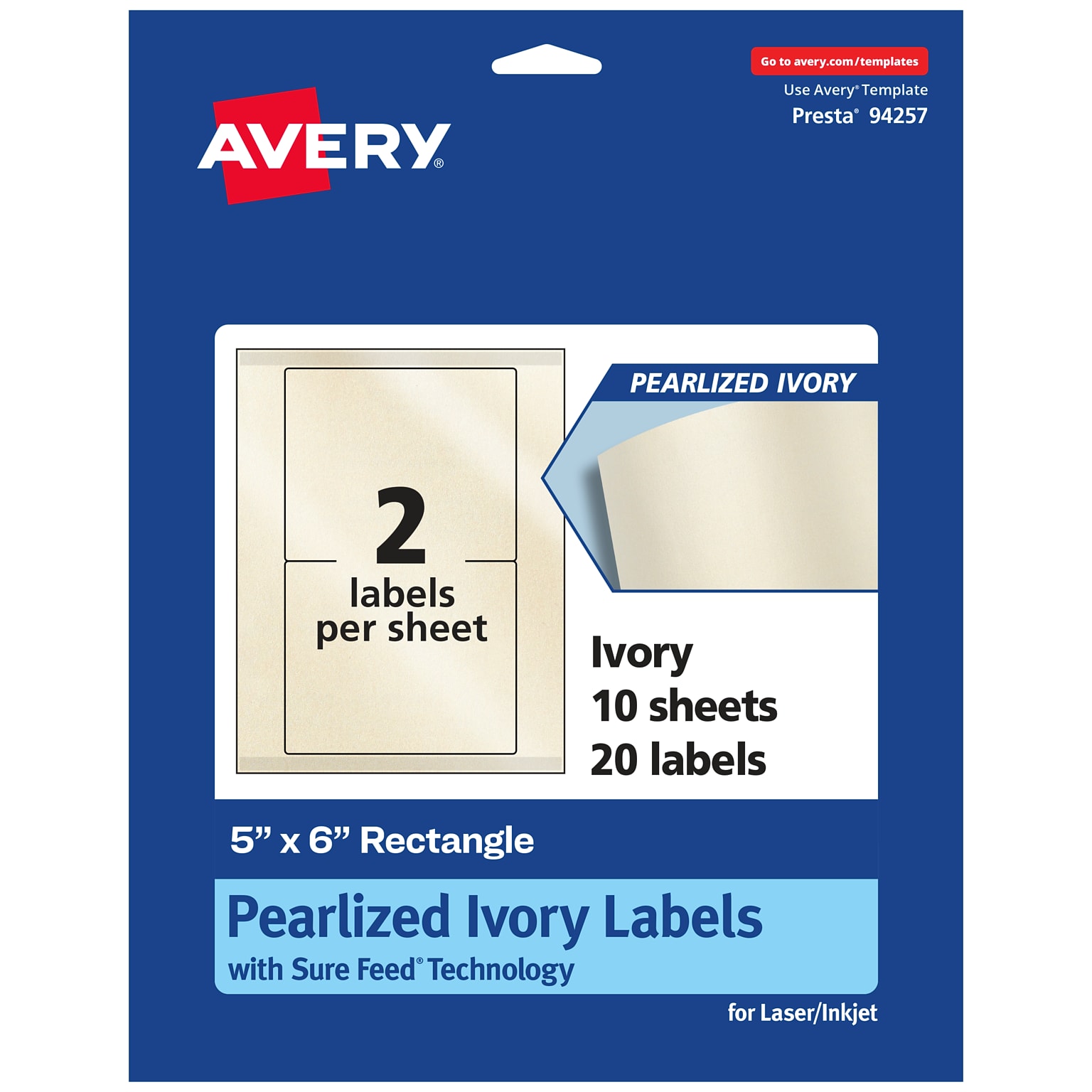 Avery Pearlized Ivory Rectangle Multipurpose Labels, 5 x 6, Ivory, 20/Pack (94257)
