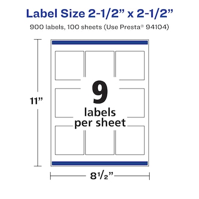 Avery Square Laser/Inkjet Multipurpose Labels, 2.5" x 2.5", White, 900 Labels/Box (94104)