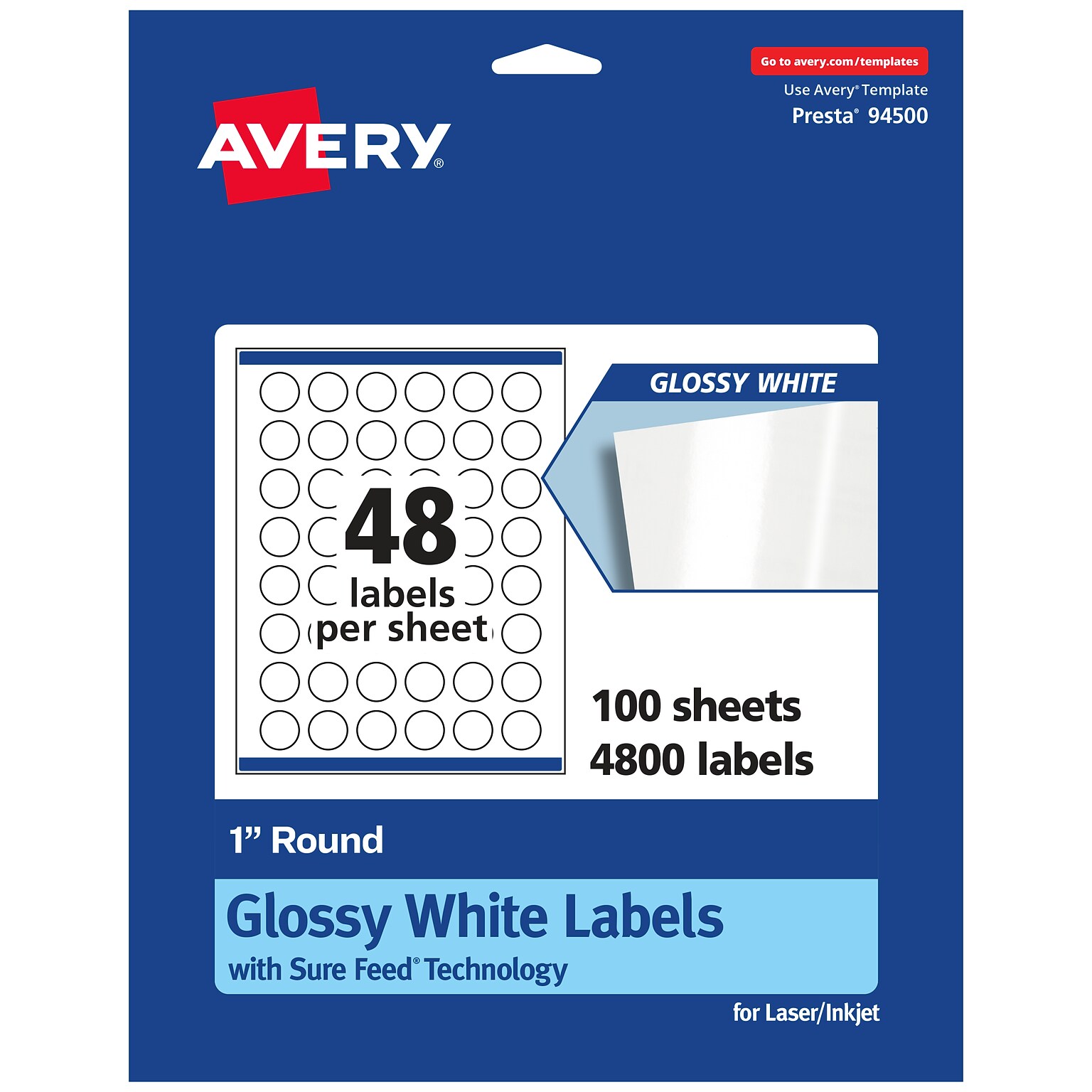 Avery Laser/Inkjet Circle Multipurpose Labels, 1  Dia, Glossy White, 4800/Box (94500)