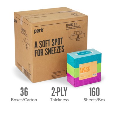 Perk™ Ultra Soft Tissue, 2-Ply, 160 Sheets/Box, 3 Boxes/Pack, 12/Packs/Carton (PK57778)