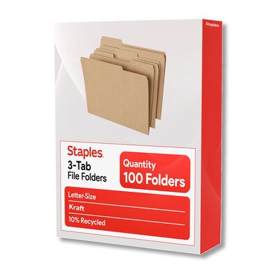 Staples File Folders, 1/3-Cut Tab, Letter Size, Kraft, 100/Box (ST509315-CC)