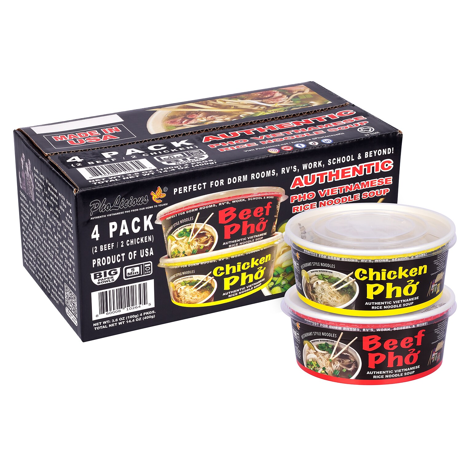 PhoLicious Authentic Pho Vietnamese Rice Noodle Soup, Variety Pack, 3.6 oz, 4/Pack (220-02406)