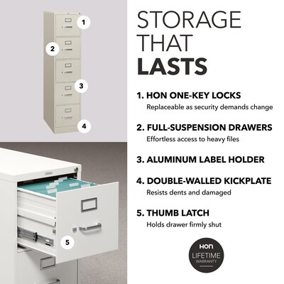 HON 310 Series 5-Drawer Vertical File Cabinet, Legal Size, Lockable, 60"H x 18.25"W x 26.5"D, Light Gray (H315CPQ)