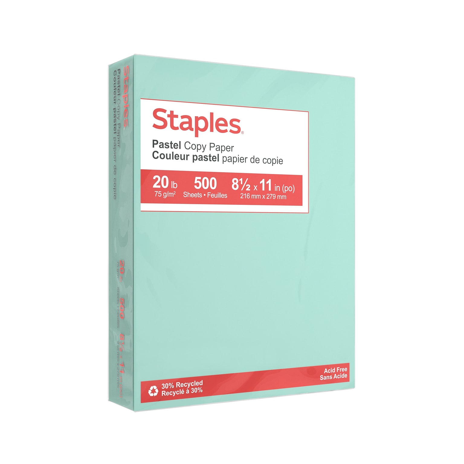 Staples Pastel 30% Recycled Color Copy Paper, 20 lbs., 8.5 x 11, Turquoise, 500 Sheets/Ream (14784)