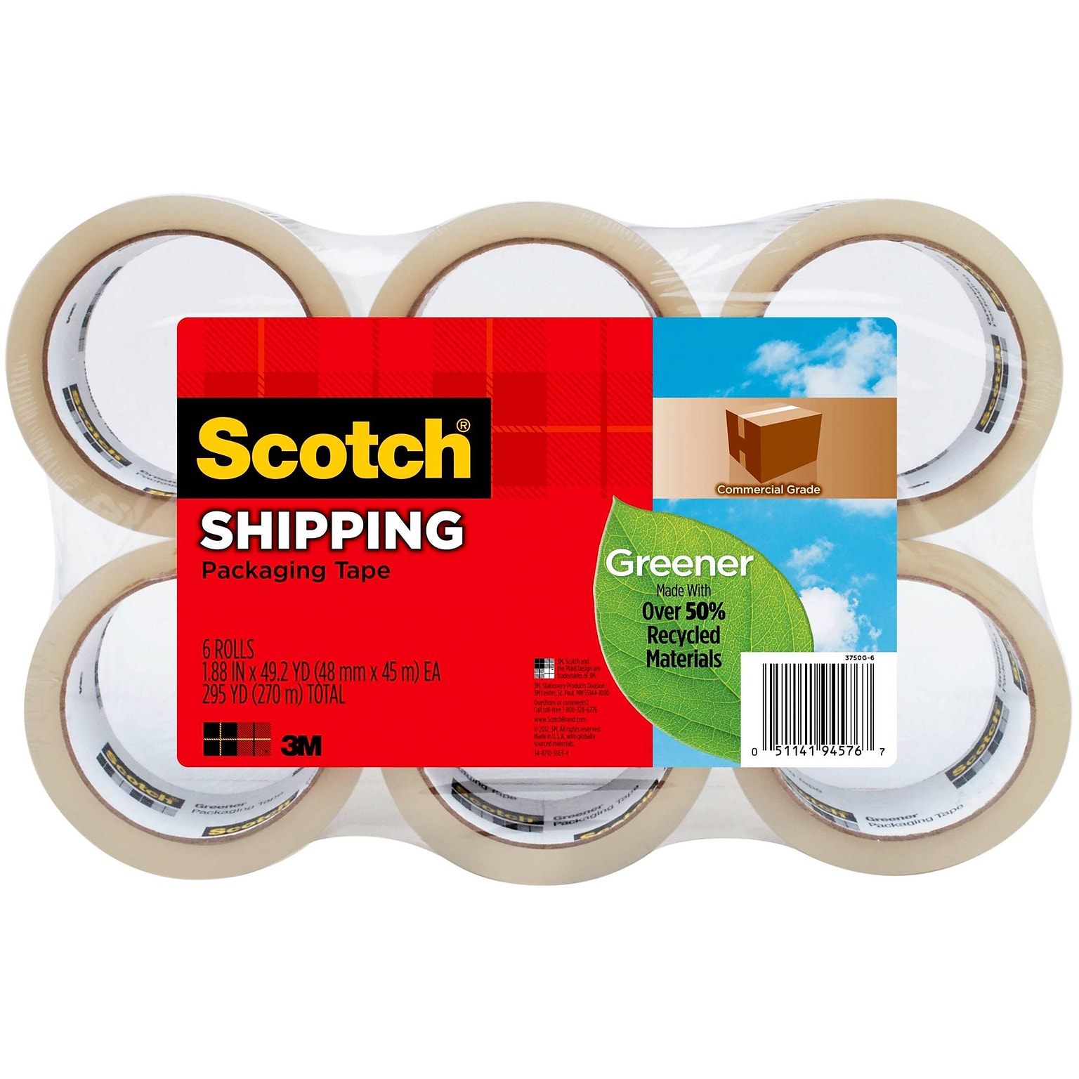 Scotch Packing Tape, 1.88 x 49.6 yds., Clear, 6/Pack (3750G6)