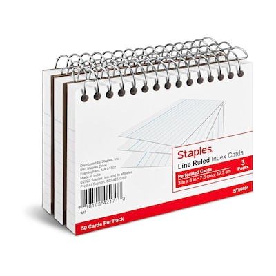 Staples 3 x 5 Index Cards, Lined, White, 50 Cards/Pack, 3 Pack/Carton (TR50991)