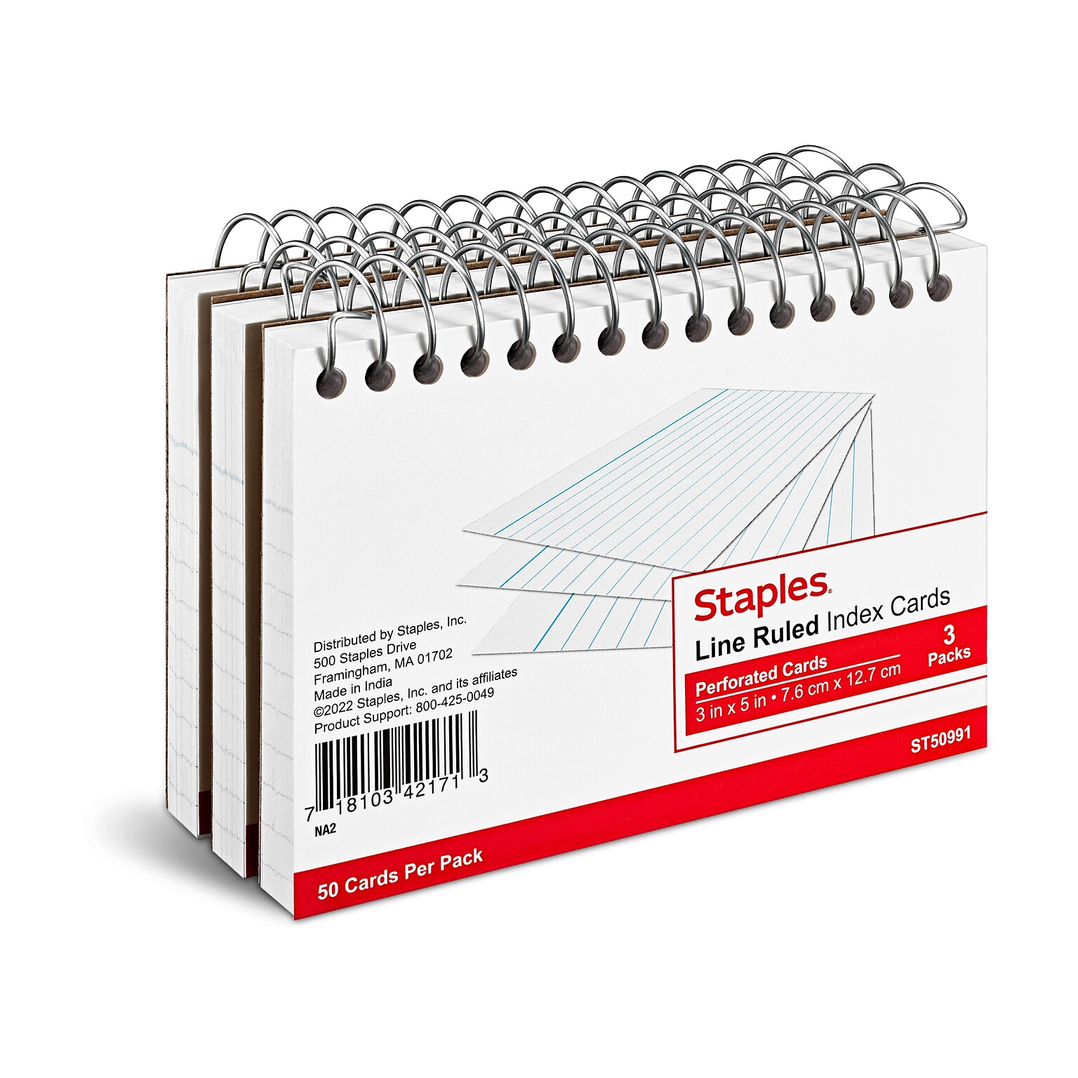 Staples 3 x 5 Index Cards, Lined, White, 50 Cards/Pack, 3 Pack/Carton (TR50991)