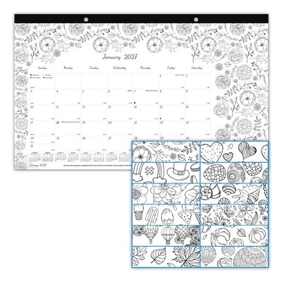 2027 Blueline DoodlePlan 10.875 x 17.75 Monthly Desk Pad Coloring Calendar, Black/White (C2917001-27)