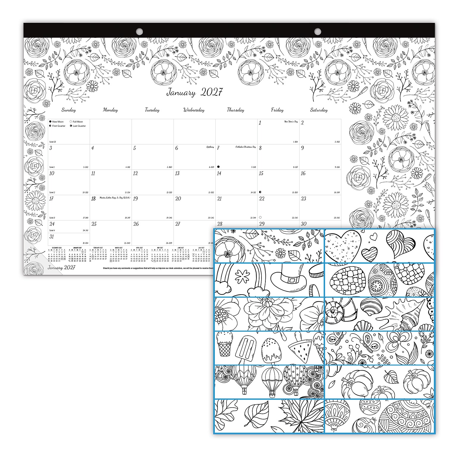 2027 Blueline DoodlePlan 10.875 x 17.75 Monthly Desk Pad Coloring Calendar, Black/White (C2917001-27)