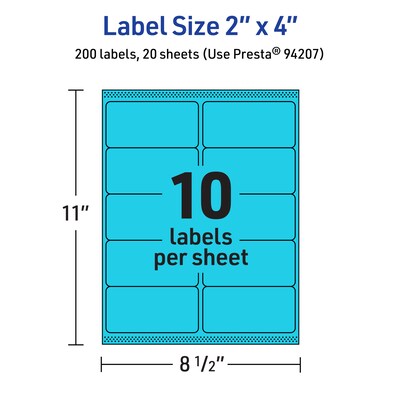 Avery Laser/Inkjet Multipurpose Rectangle Labels, 2" x 4", Bright Blue, 200/Pack (94207)