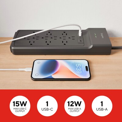 Staples TECH 12-Outlet 2-USB Port Surge Protector, 8', 3900 Joules, Black (ST62774)