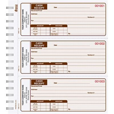 Custom Cash Receipt Book, 3-to-a-page, Duplicate, 225 Sets/Book