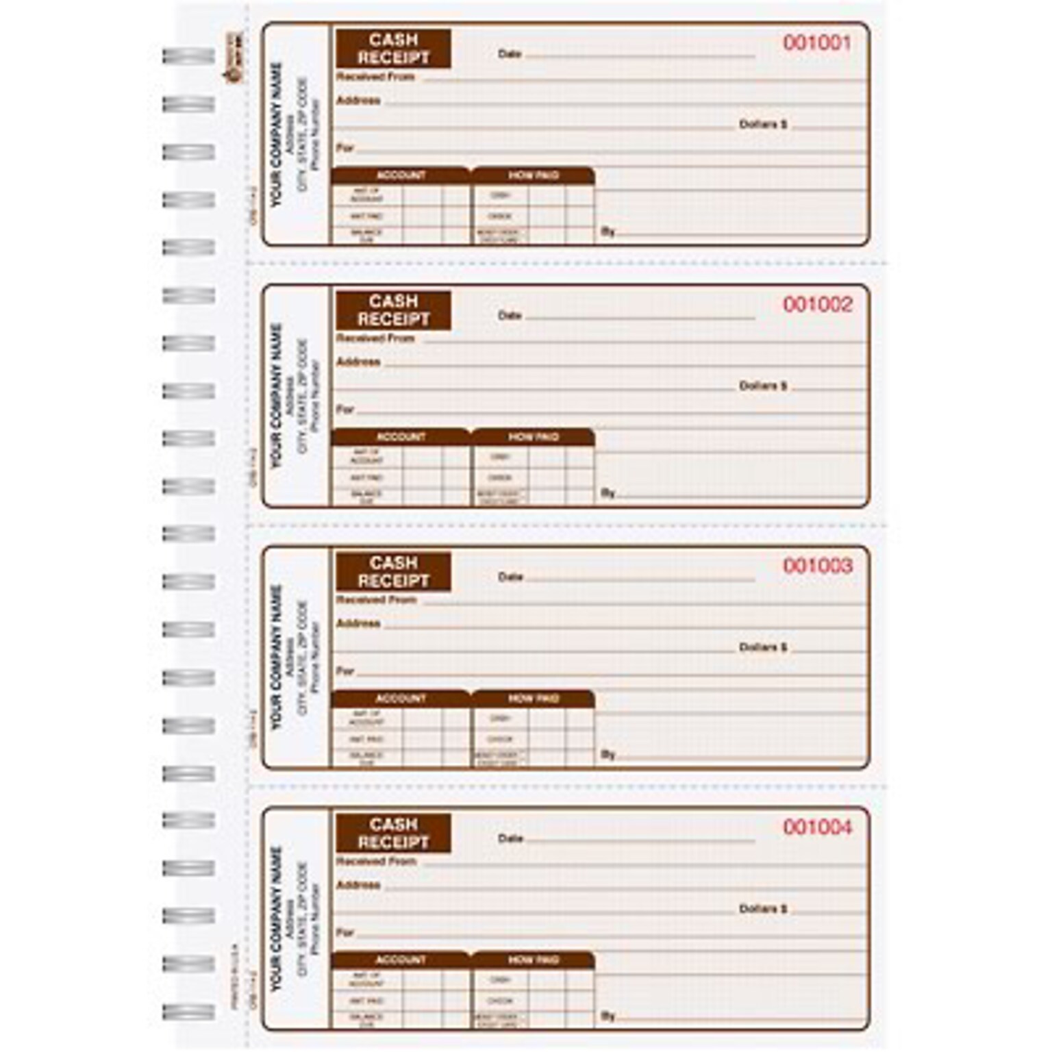 Custom Cash Receipt Book, 4-to-a-page, Triplicate, 200 Sets/Book